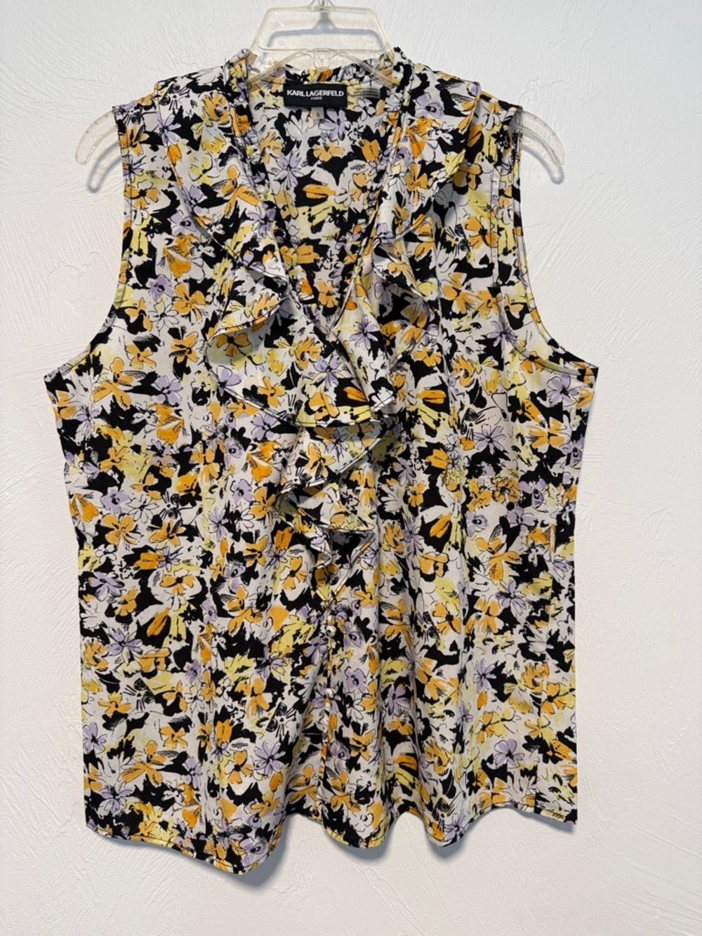 Karl Lagerfeld Paris Sleeveless Ruffle V-Neck Floral Blouse Yellow Size Large